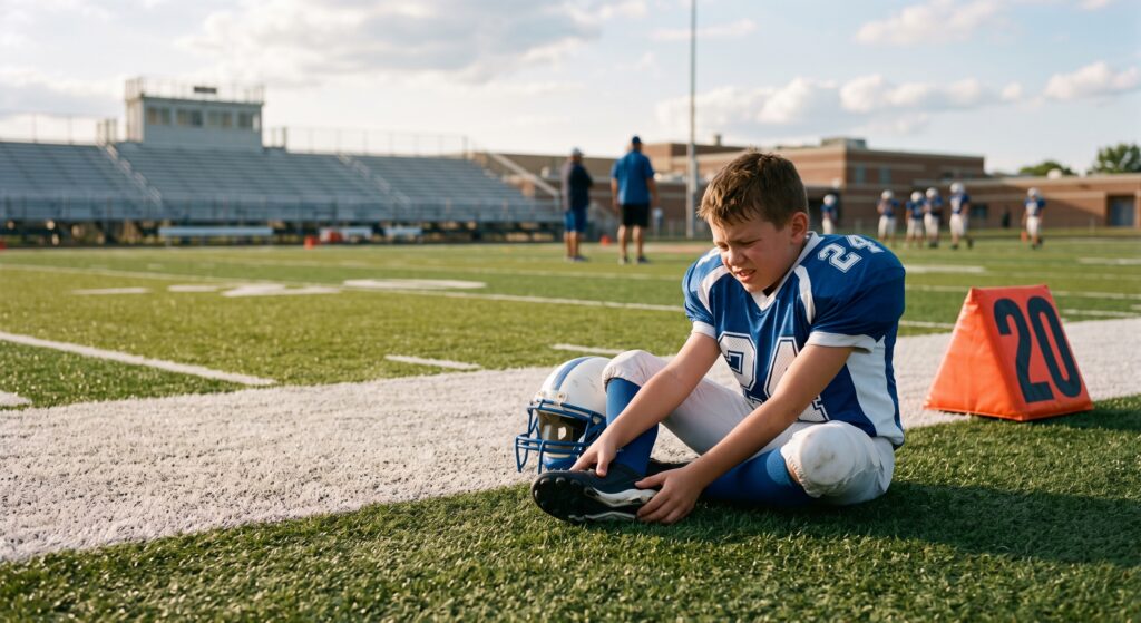 Teen football player holding his heel in pain on the sideline, a sign of Sever's disease
