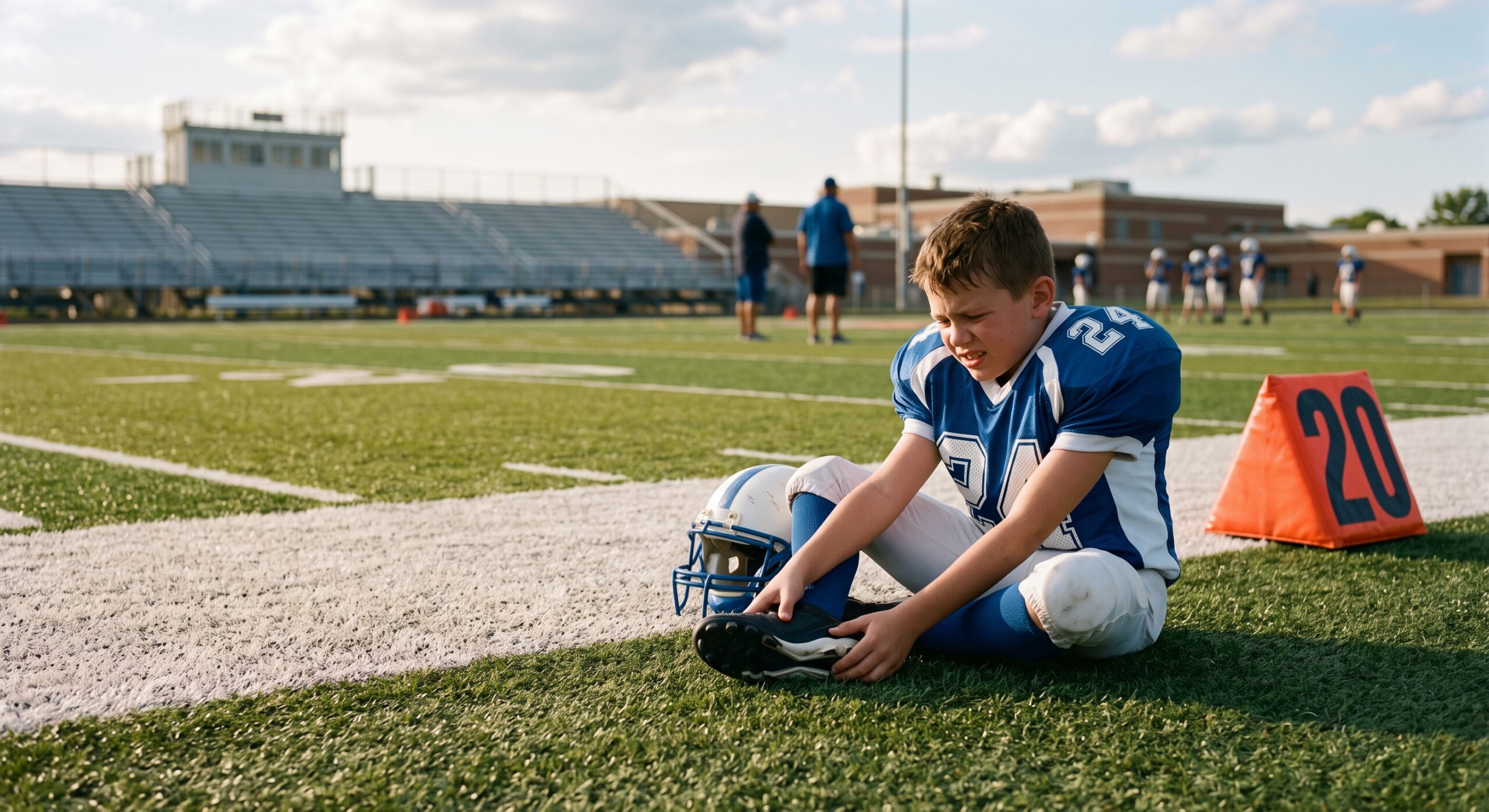 Teen football player holding his heel in pain on the sideline, a sign of Sever's disease